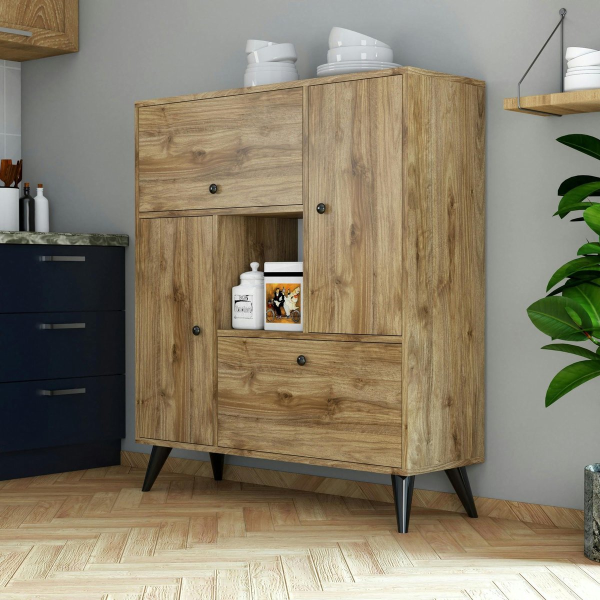 Buffet haut moderne 4 portes niche centrale, effet noyer JENA bois naturel, PIER IMPORT