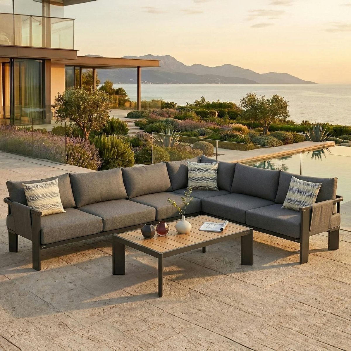 Salon de jardin canapé d'angle 5 places + table basse LIGO anthracite, PIER IMPORT