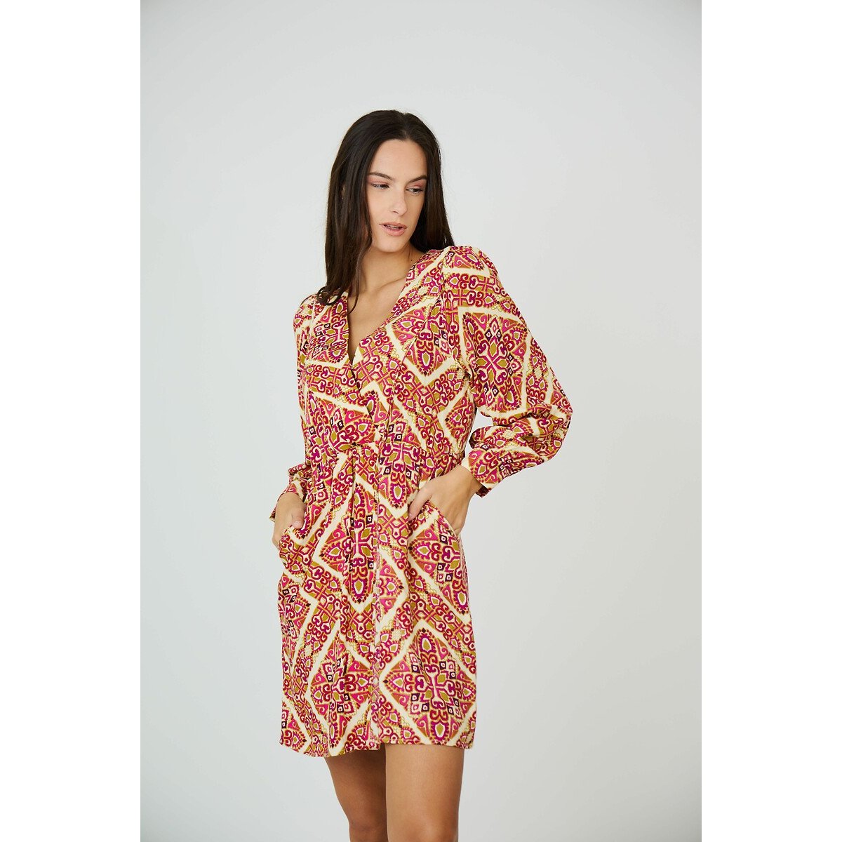 Tribal Print Mini Dress with V-Neck and Long Sleeves print/beige background, SEE U SOON