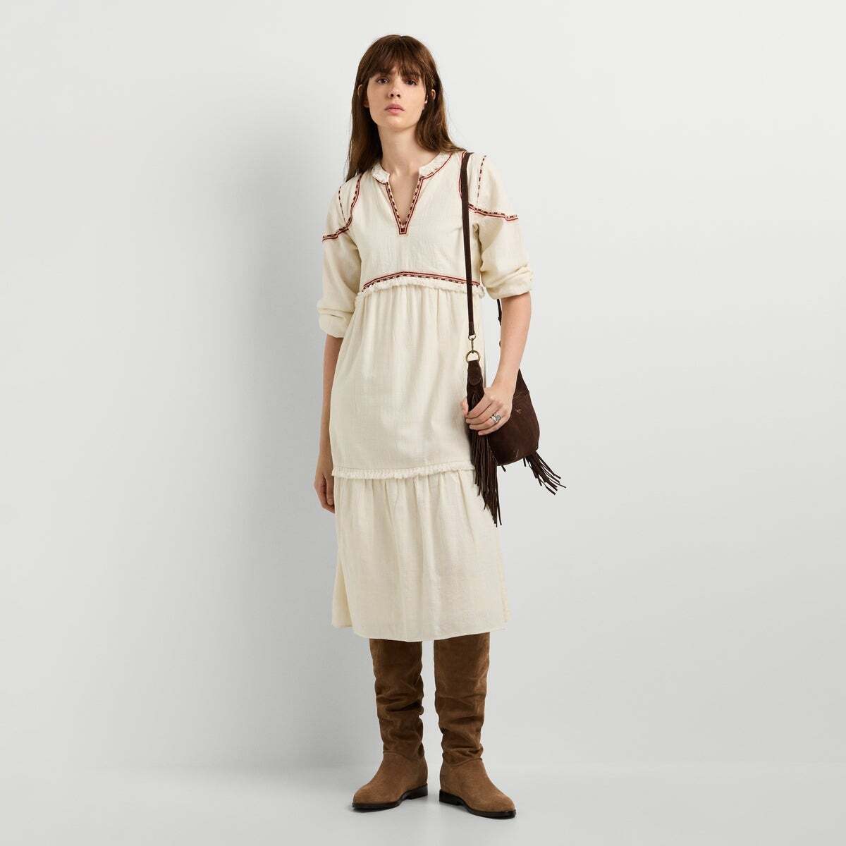 Robe Midi À Col En V blanche toile, PEPE JEANS