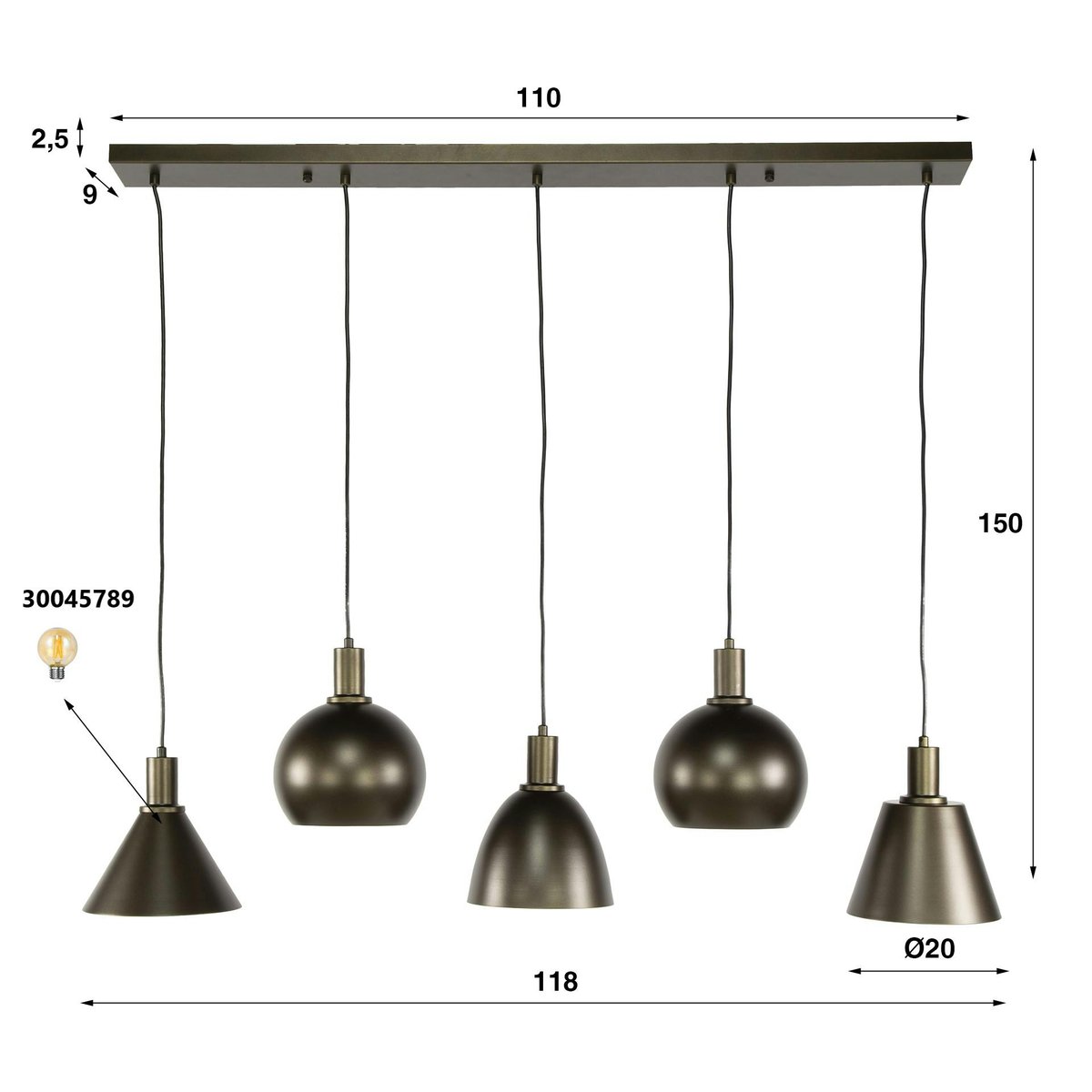 Suspension 5 abat-jour métal moderne TRIBECA brun, PIER IMPORT
