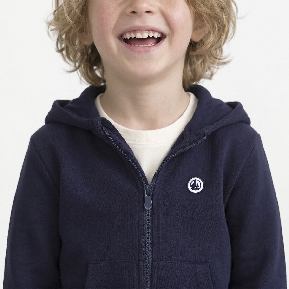 Sweat zippé à capuche en molleton bleu marine, PETIT BATEAU