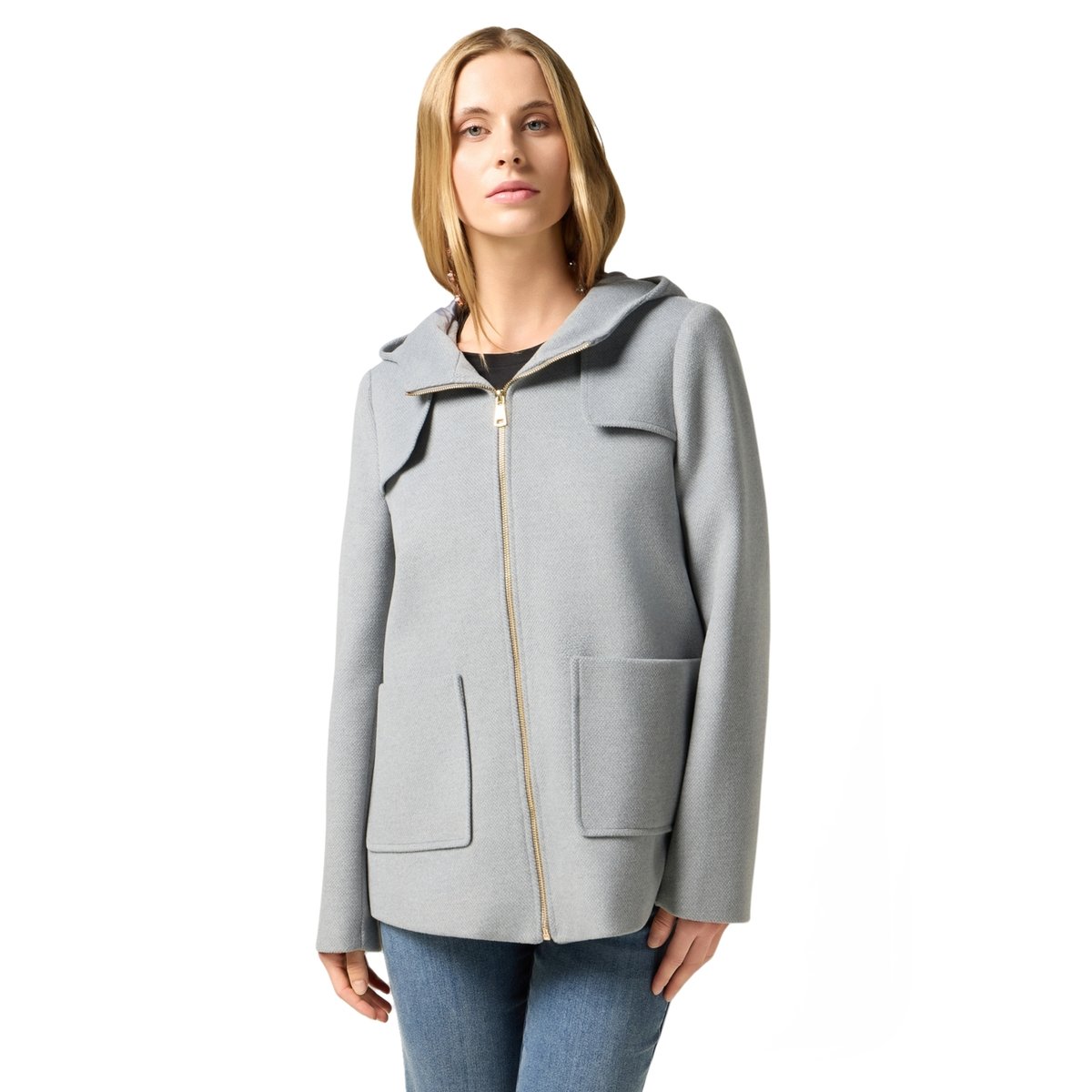 Manteau court avec fermeture éclair et capuche gris, OLTRE