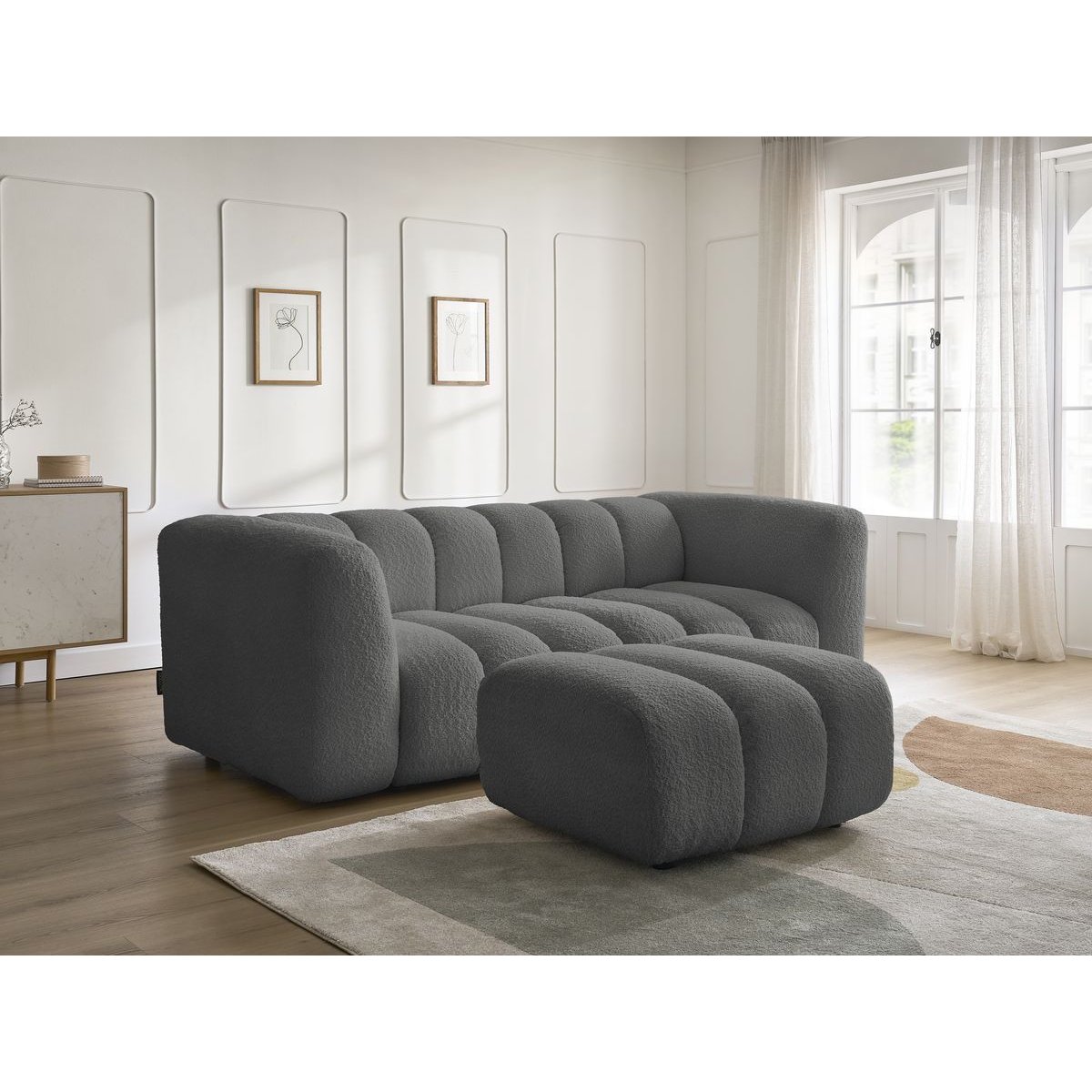 Canapé droit fixe 3 places en tissu bouclette avec pouf, TALIA gris foncé, BOBOCHIC