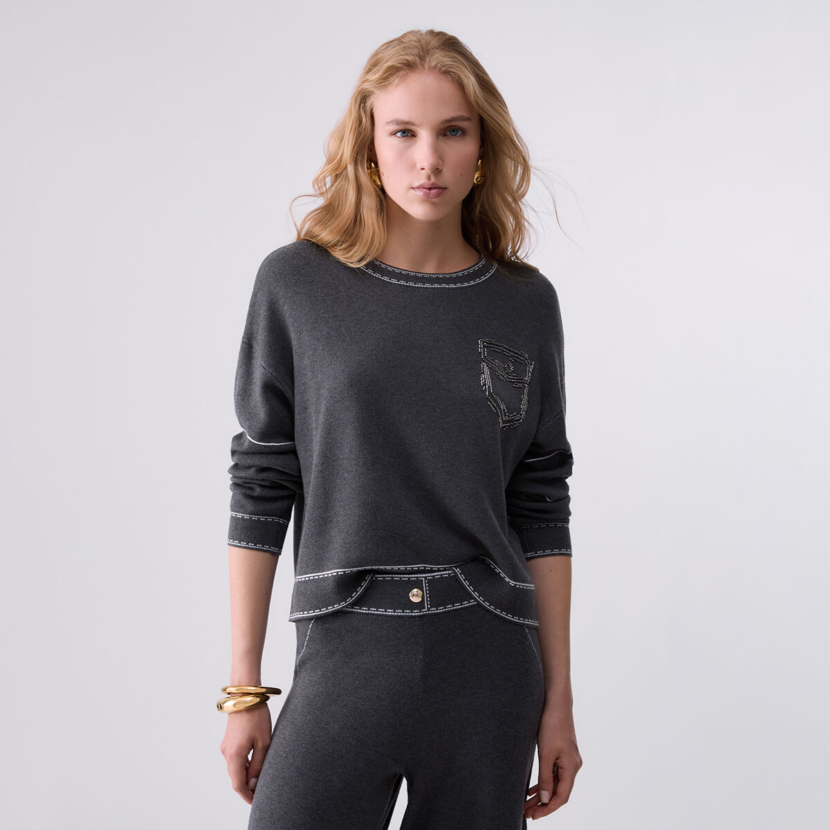 Pull avec surpiqûres gris, LIU JO