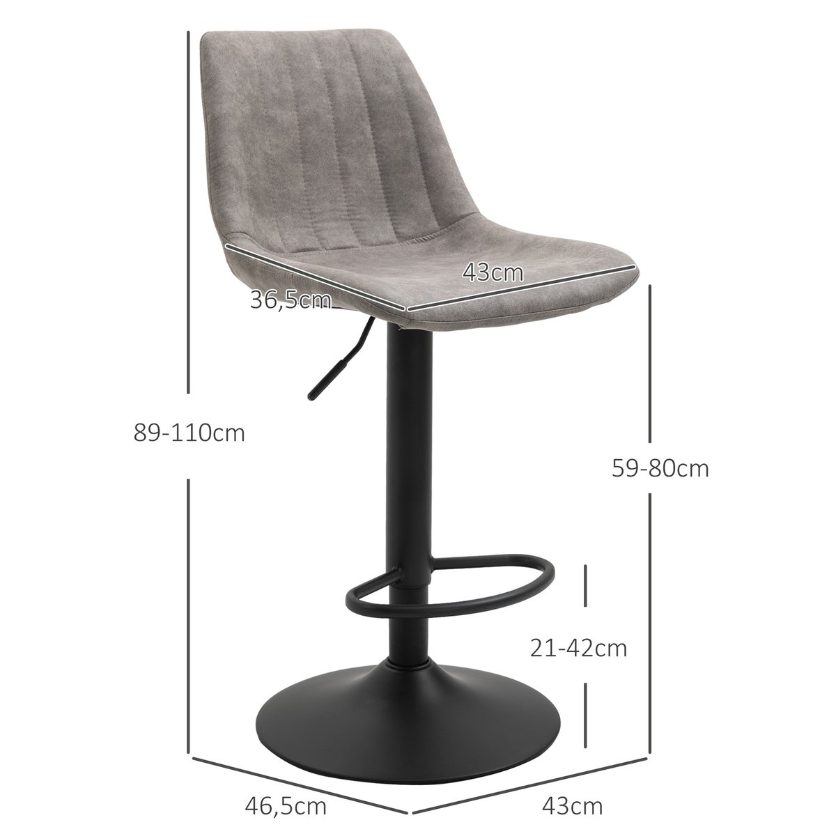 Tabouret de bar Tissu Gris gris et noir, HOMCOM
