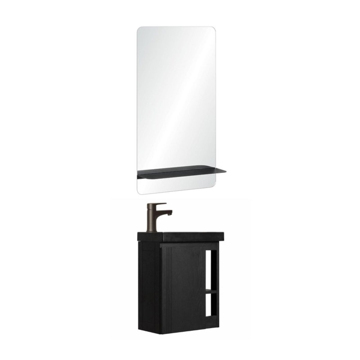 Ensemble lave-mains avec rangement latéral et miroir tablette noire HAMPTON décor chêne carbone, MOB IN