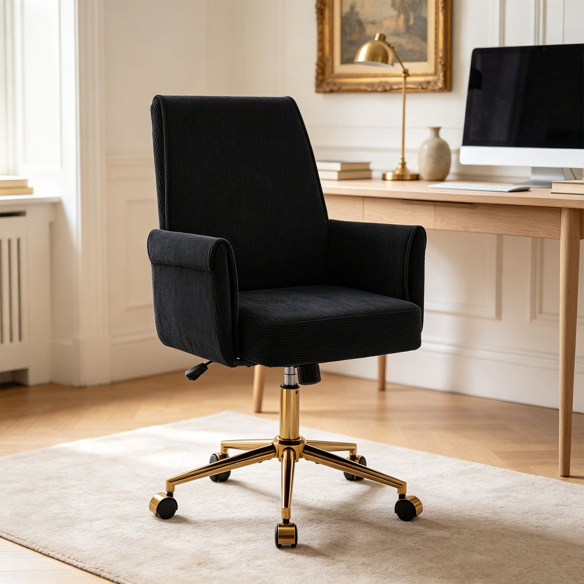 Chaise de bureau pivotante réglable en hauteur en velours côtelé, ELVAN noir, MEUBLES COSY