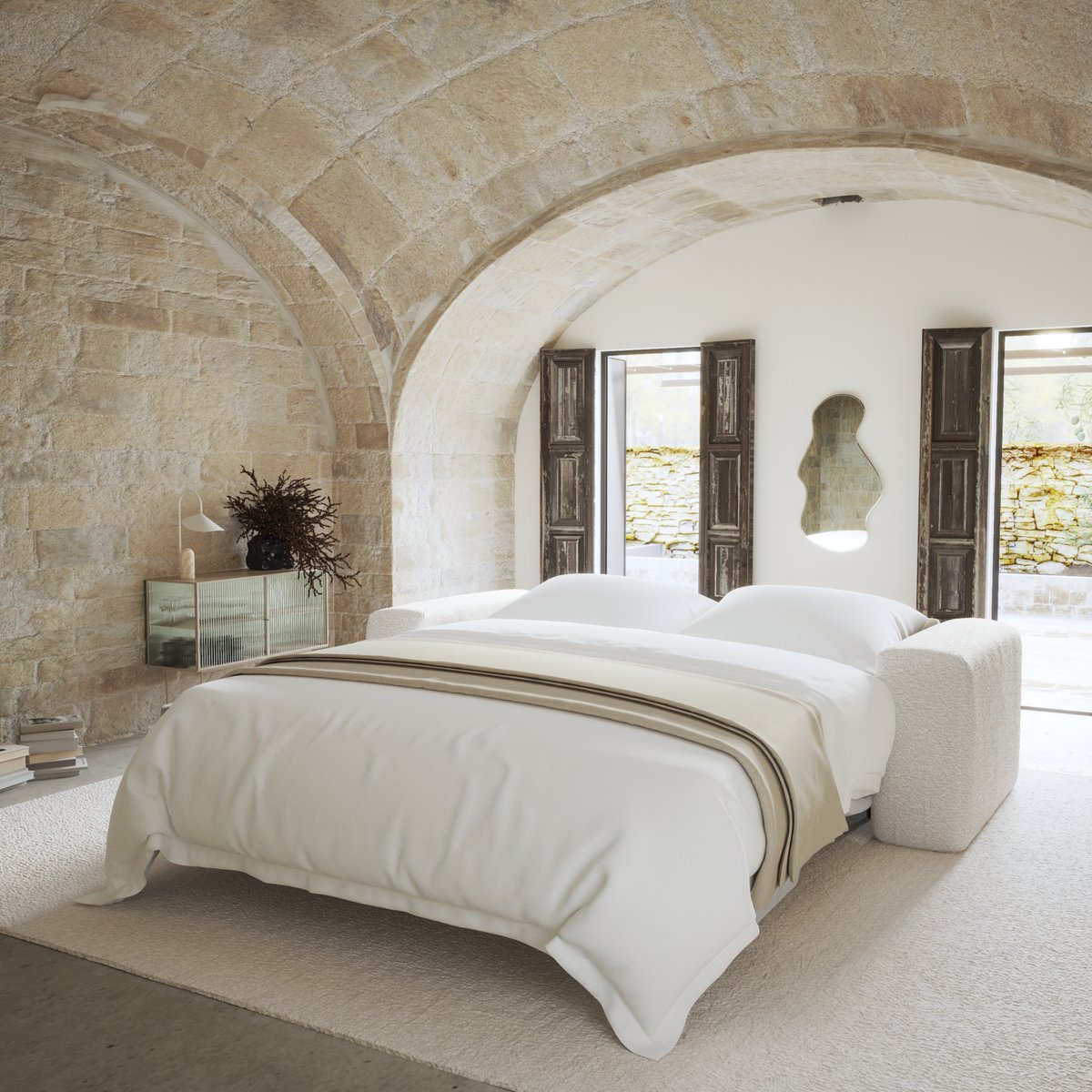 Canapé convertible express dunlopillo 160cm 4 places en tissu bouclette MYRA crème, SIA HOME