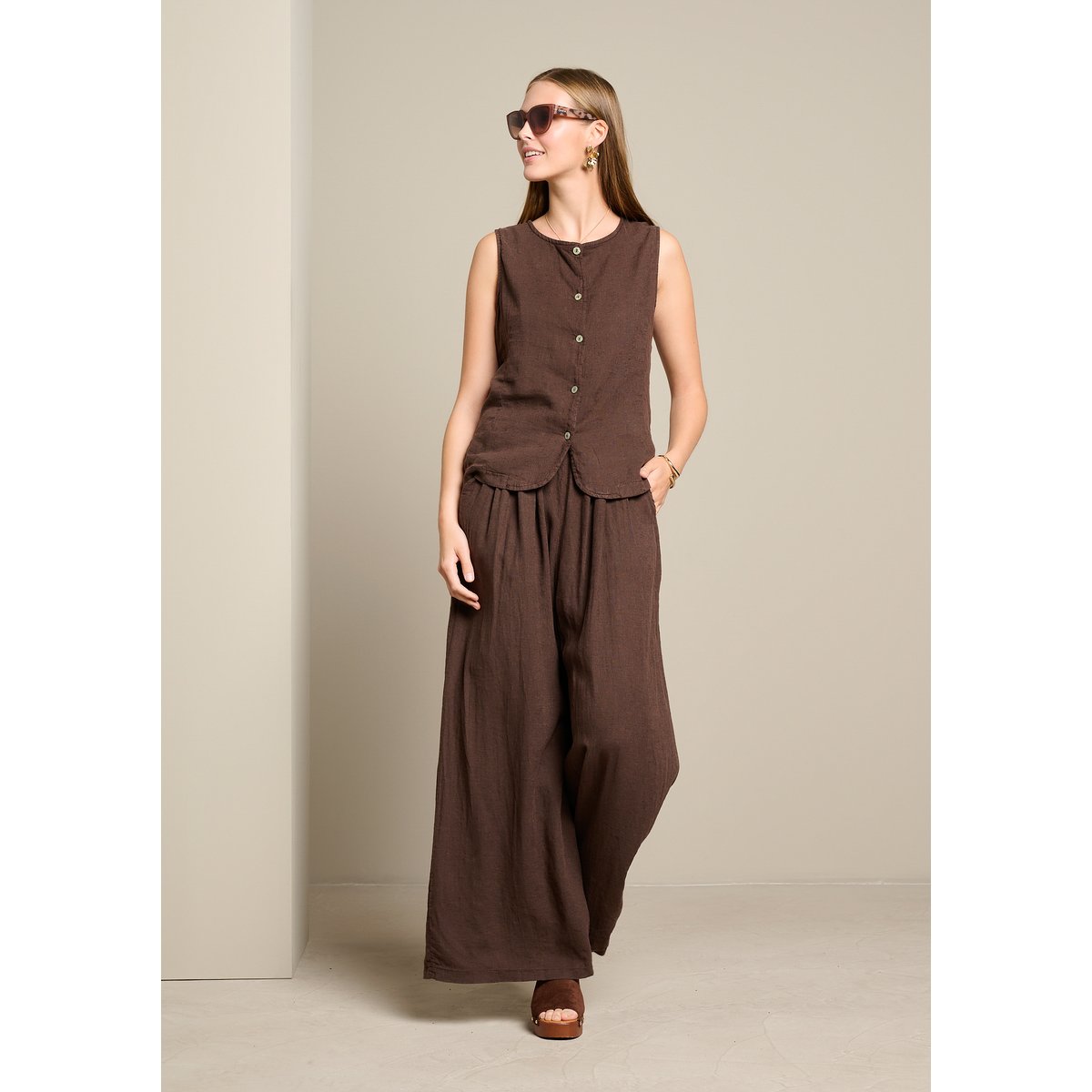 Pantalon large en lin brun fonce chocolate, LOLALIZA