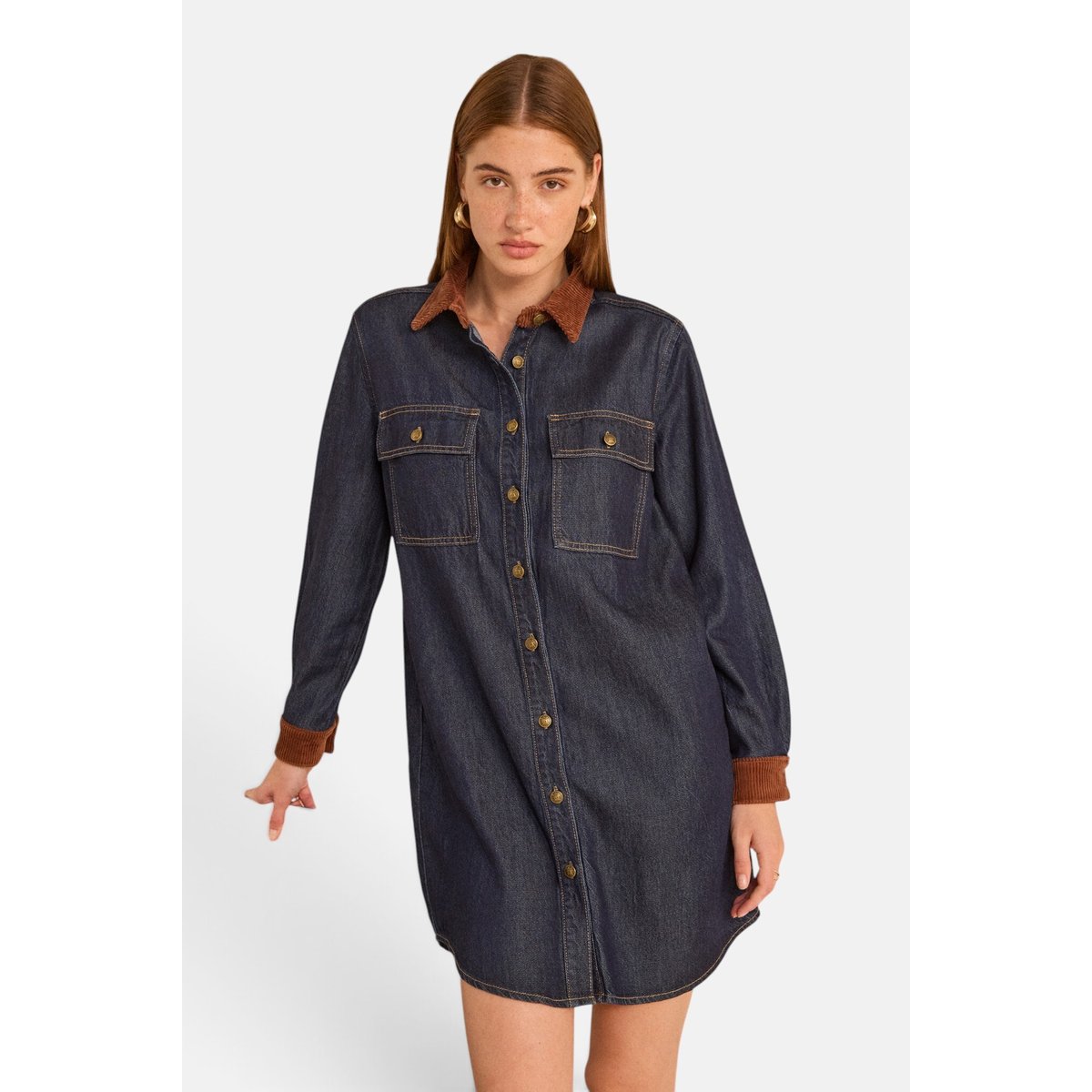 Robe droite en denim et velours côtelé PAULINA rinse, Maison 123