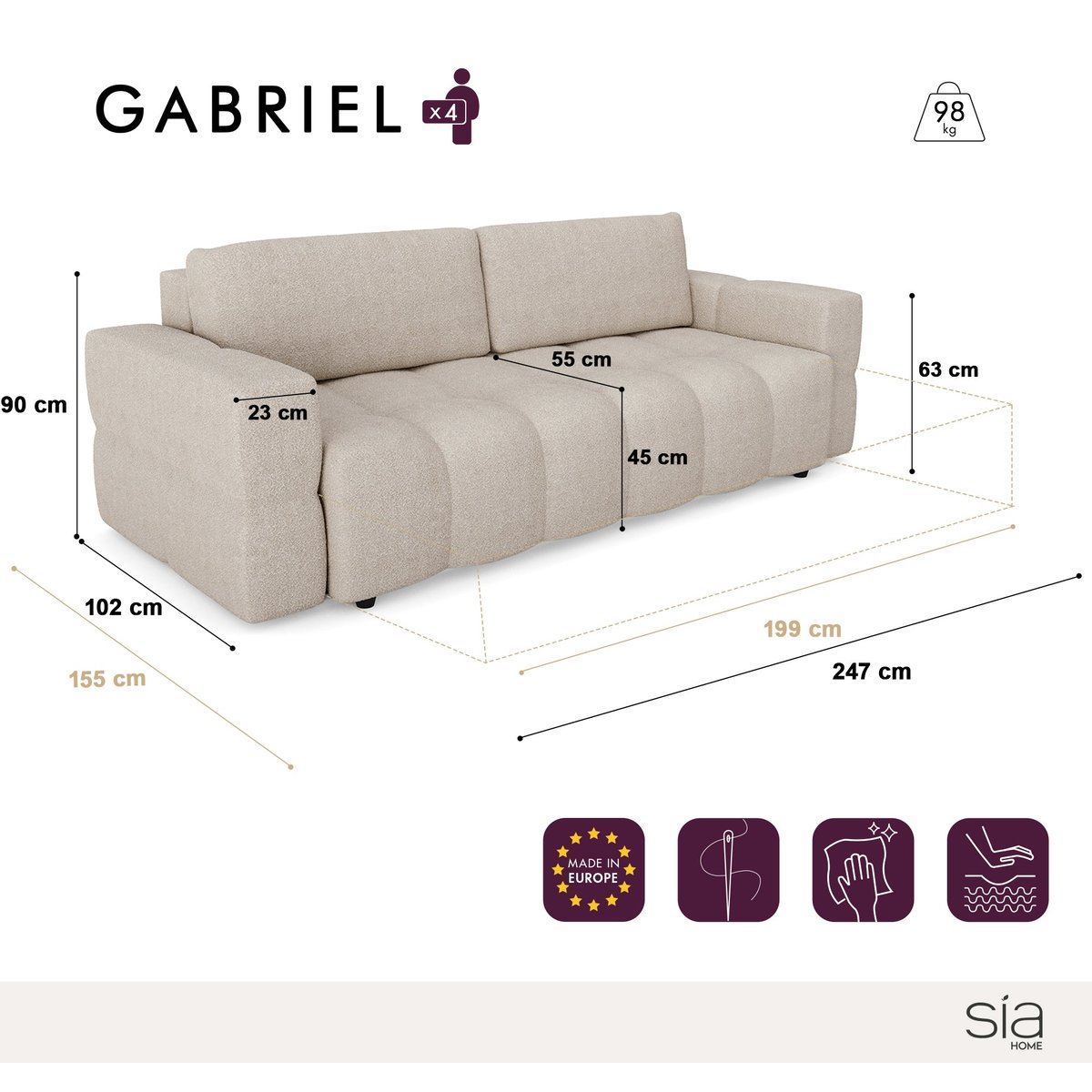 Canapé en tissu tramé GABRIEL crème, SIA HOME