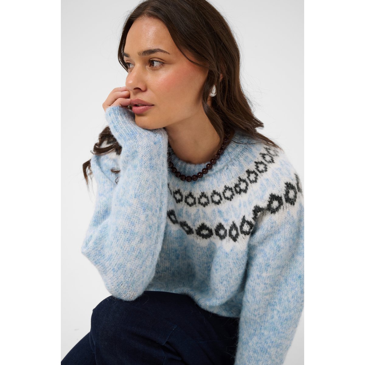 Pullover tricoté bleu blue mel. grey/chalk pattern, KAFFE