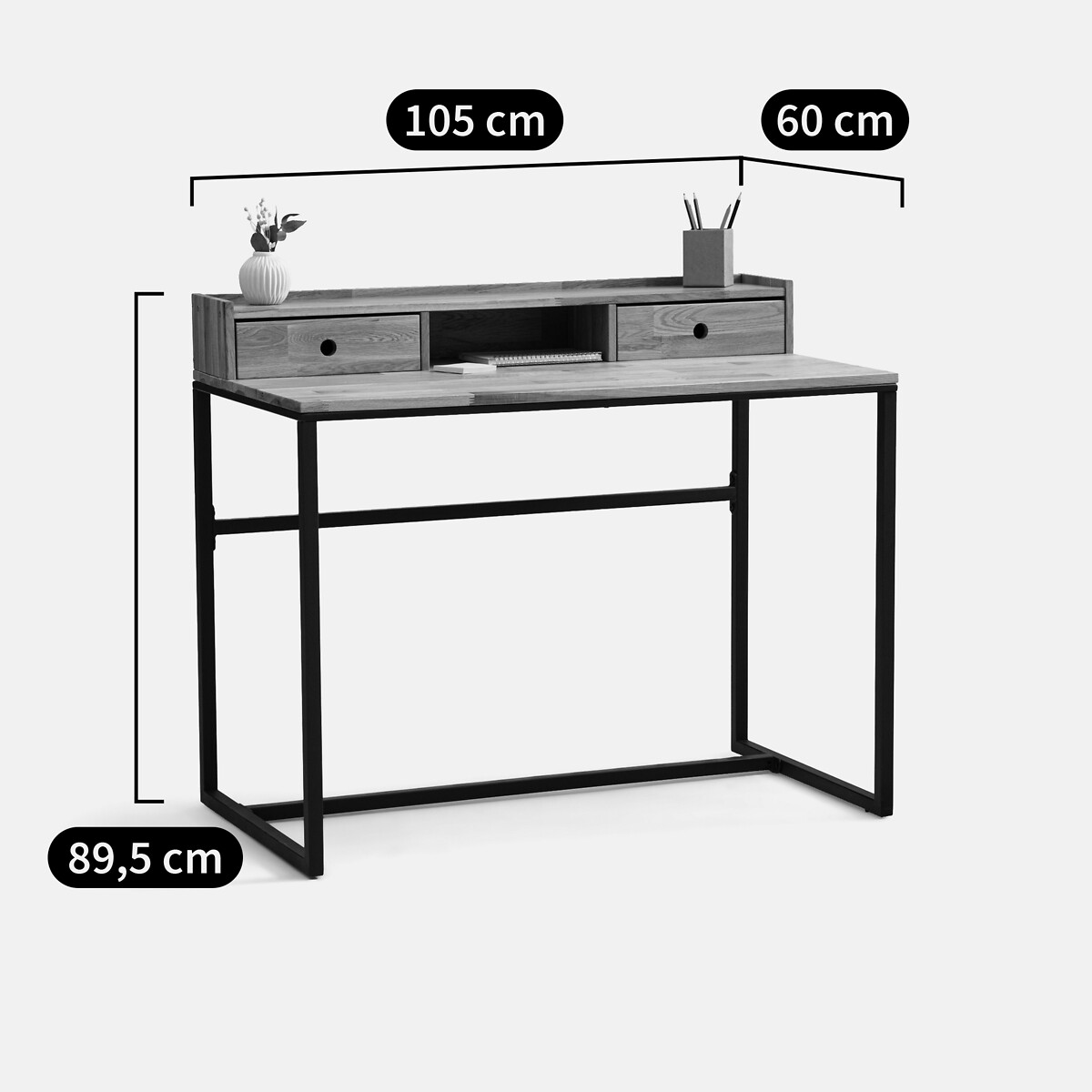 Bureau chêne et plaqué, avec petite réhausse, HIBA chêne/noir, LA REDOUTE INTERIEURS