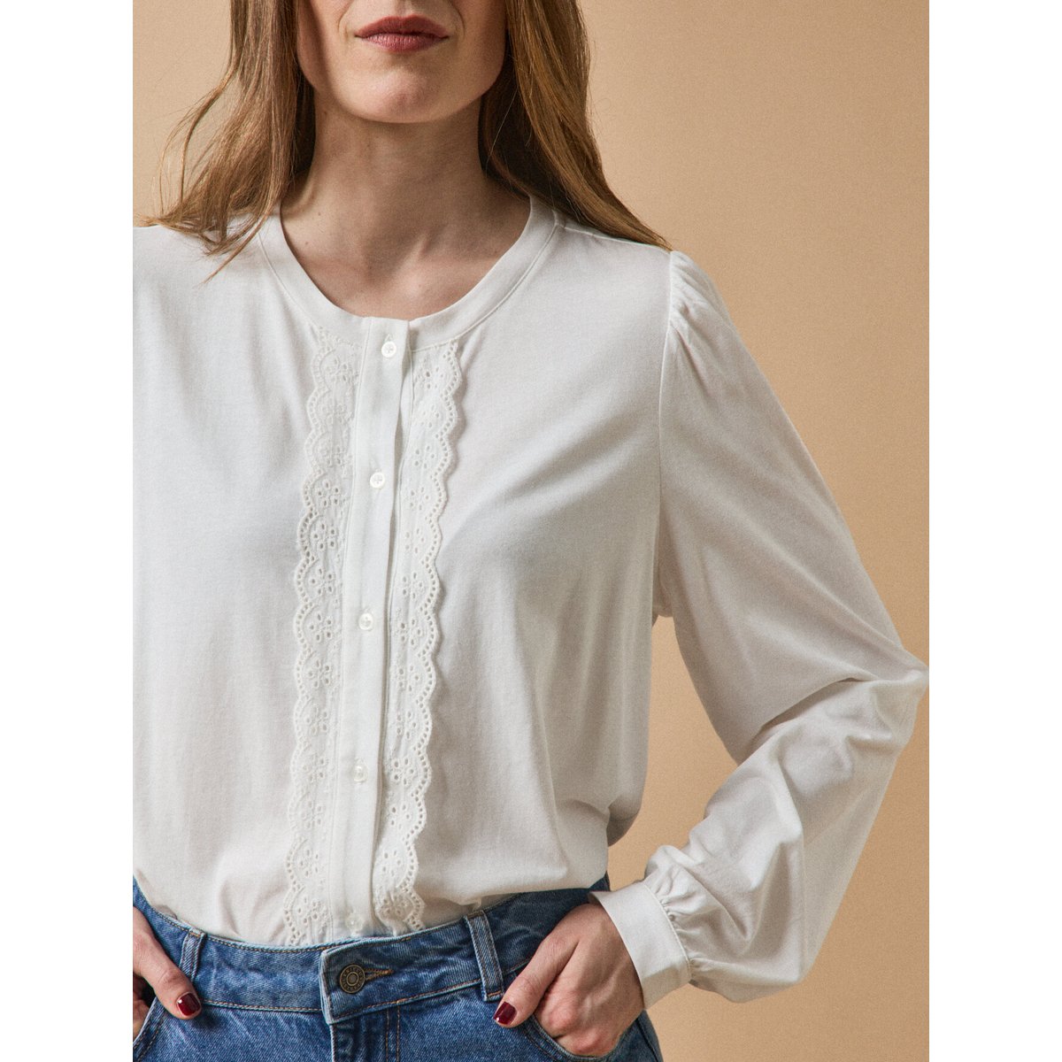 T shirt boutonné brodé modal et coton biologique blanc, CYRILLUS