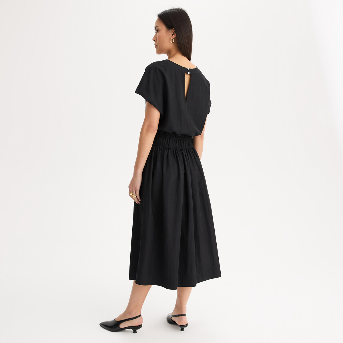 Kleid mit V-Ausschnitt und kurzen Ärmeln in Midi-Länge schwarz, ANNE WEYBURN