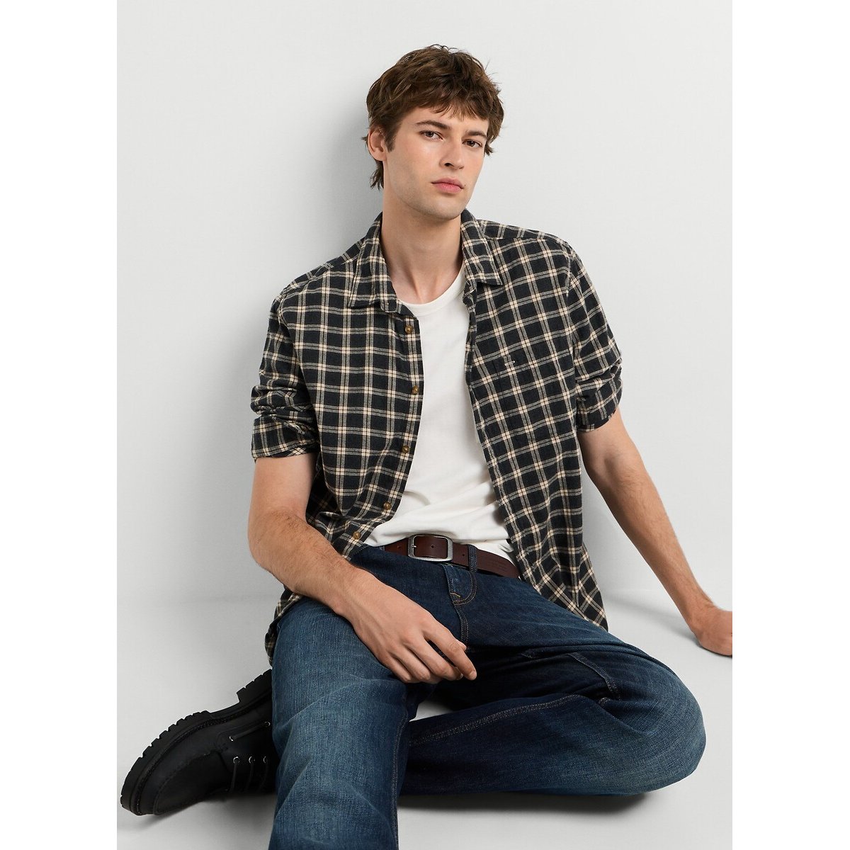 Camicia dritta a quadri, maniche lunghe quadri marrone, PEPE JEANS