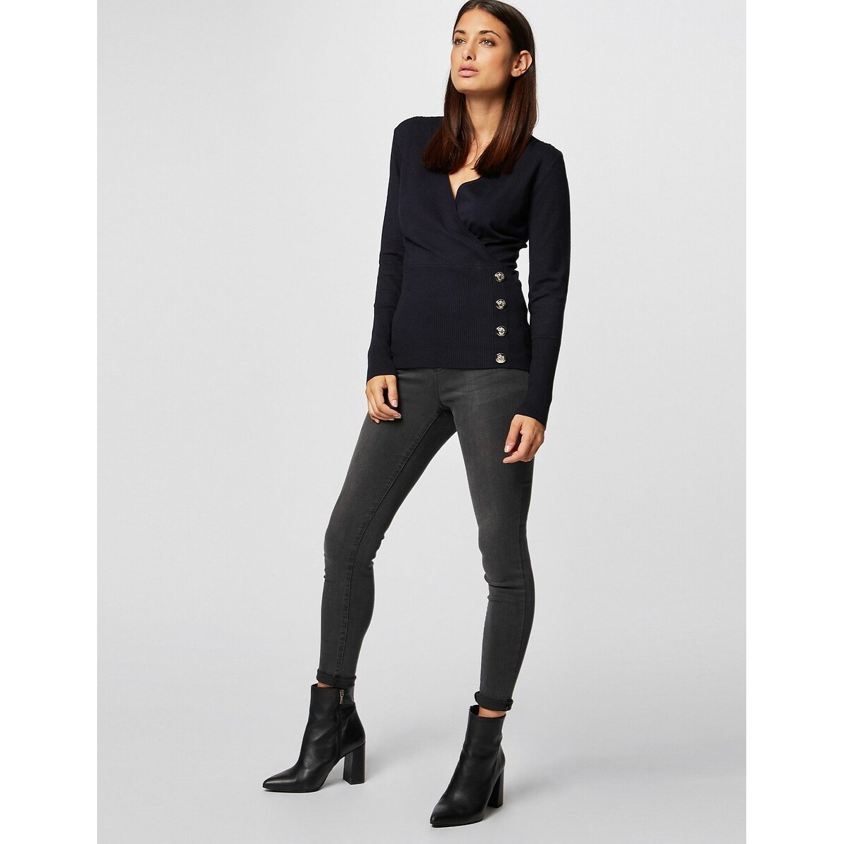Long Sleeve Jumper with Wrapover Neck Effect black, MORGAN