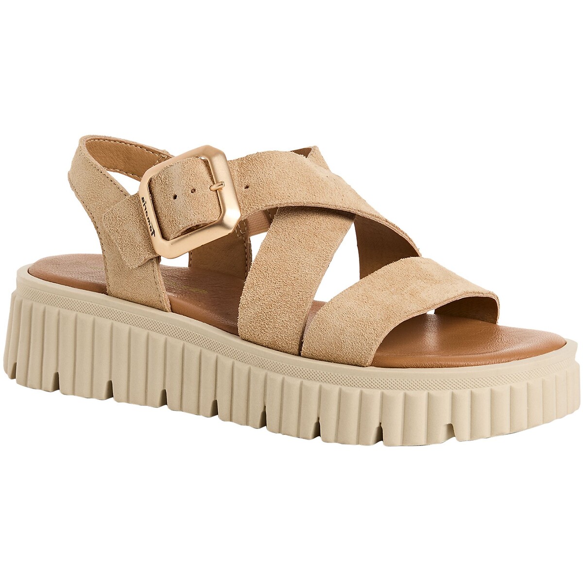 Sandales compensées en cuir beige, TAMARIS