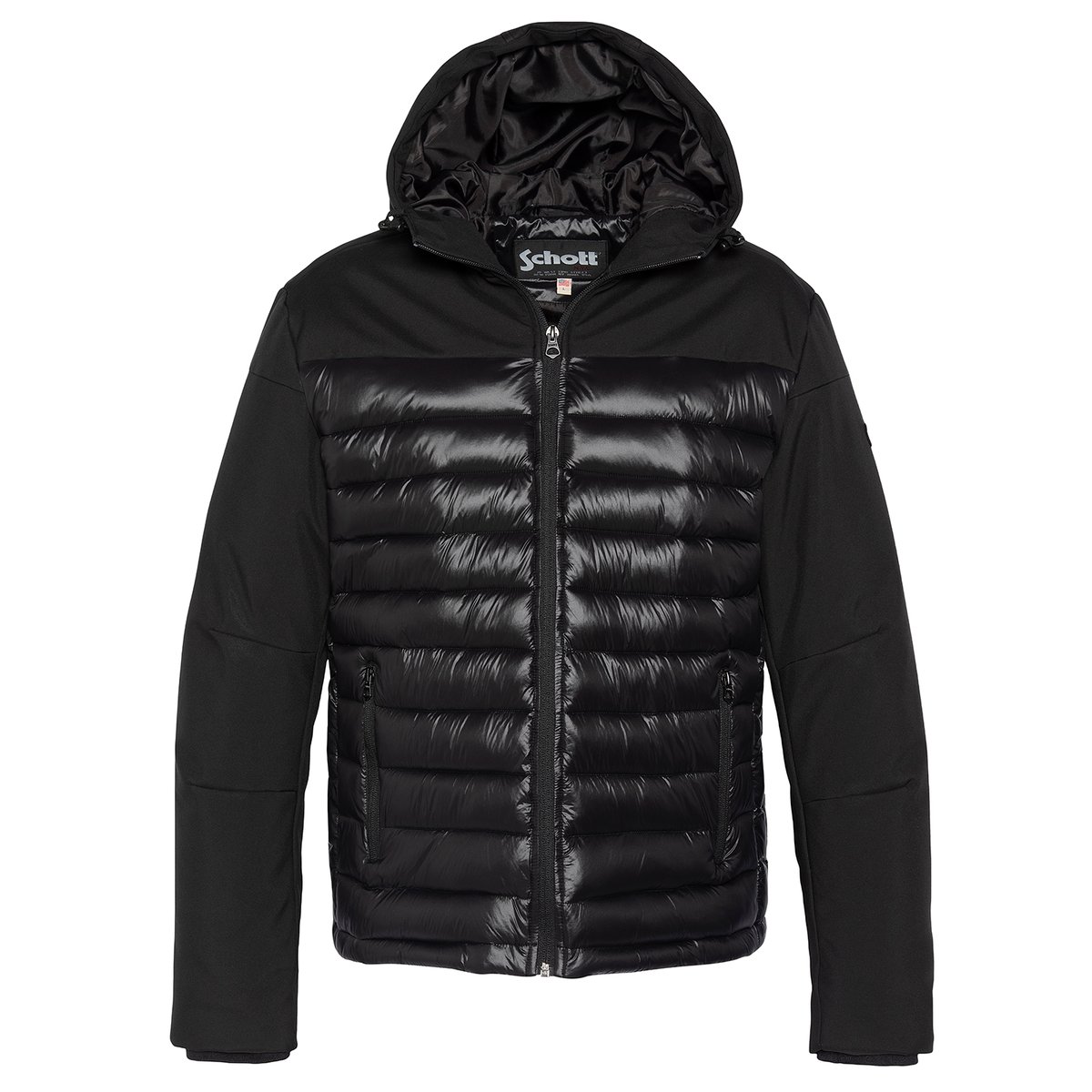 Doudoune bi-matière à capuche noir, SCHOTT