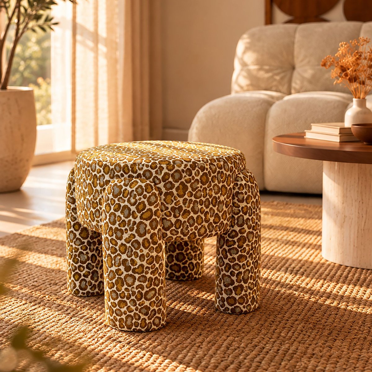 Pouf en polyester léopard, ORION couleur unique, NOW'S HOME