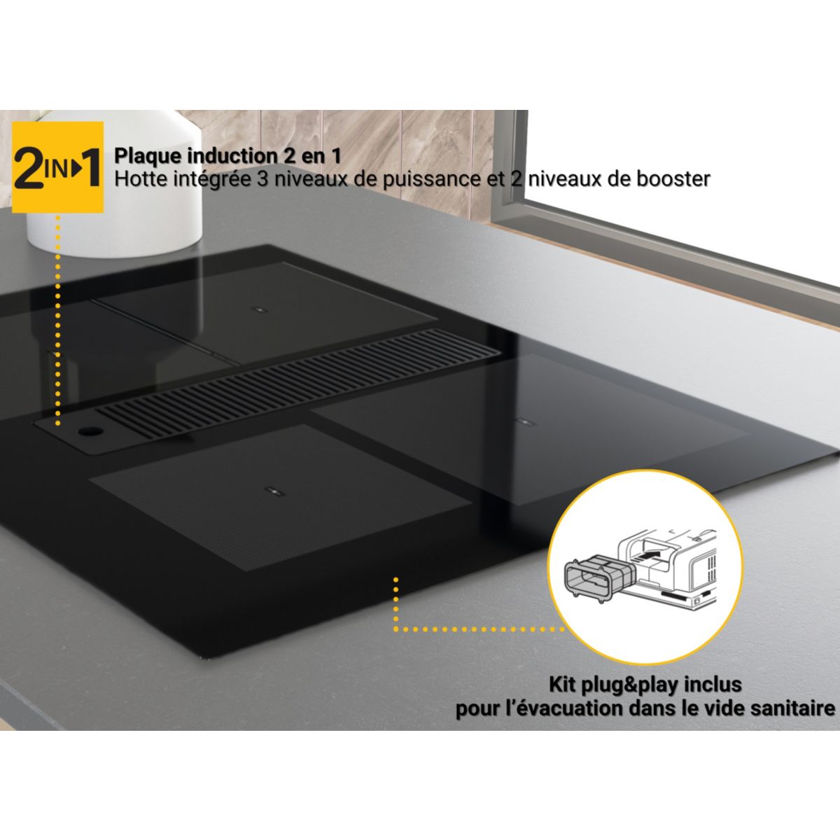 Plaque induction aspirante WVH1065UKIT FlexiCook couleur unique, WHIRLPOOL