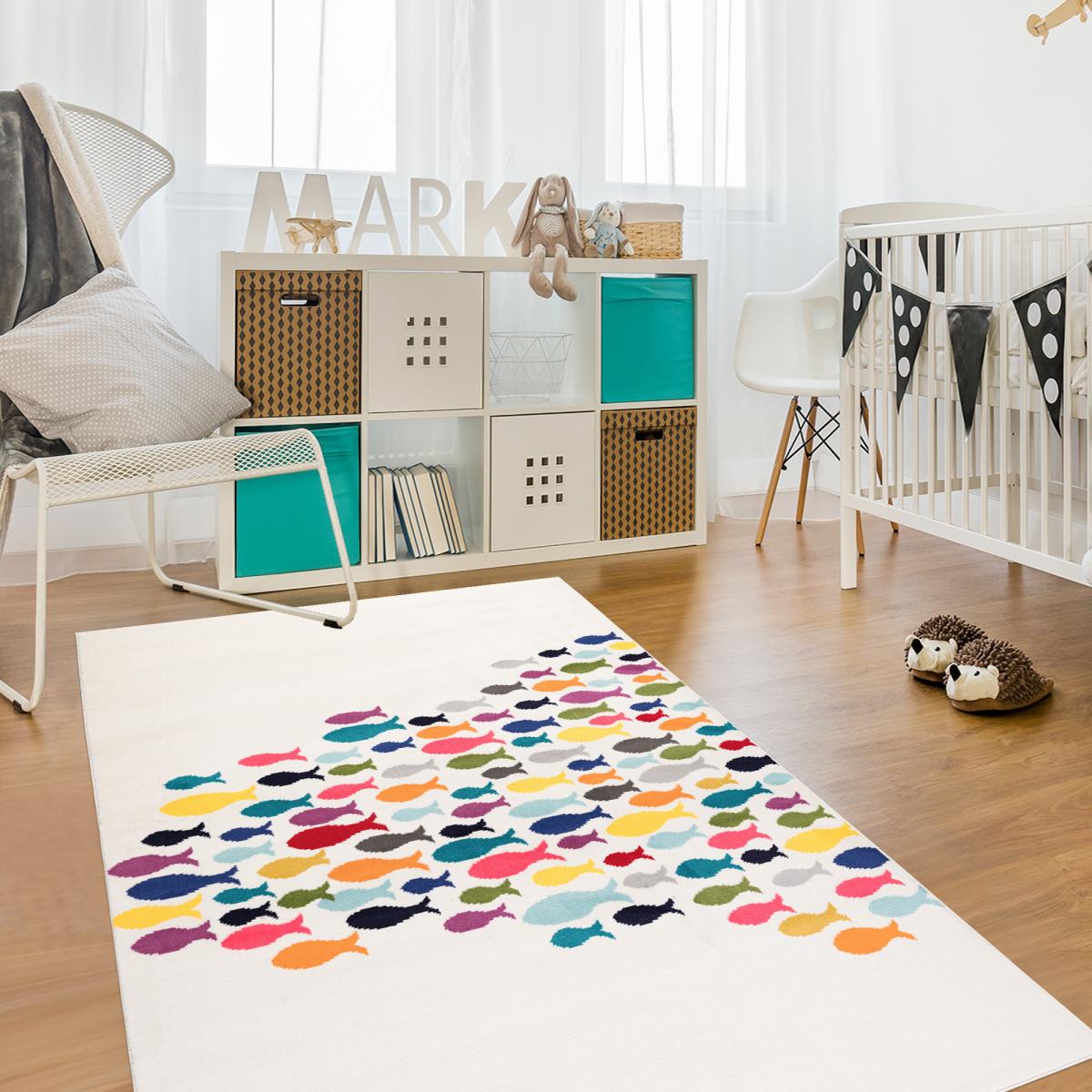 Tapis enfant tissé motif animaux FISHES crème, beige, orange, multicolore, UN AMOUR DE TAPIS
