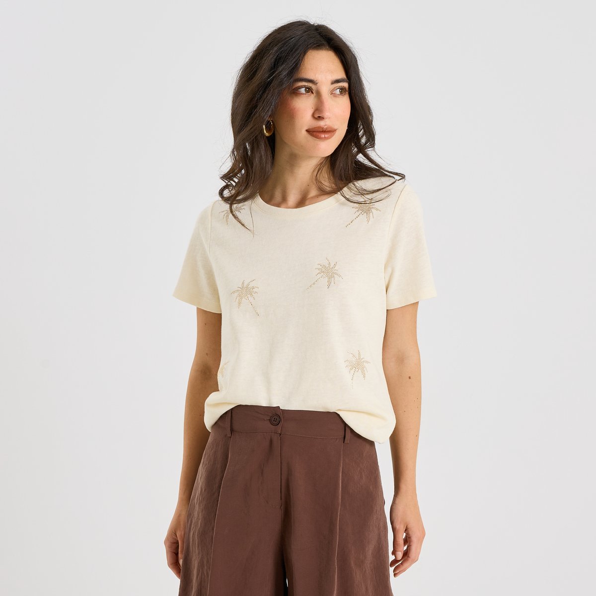 T-shirt palmiers strass blanc cassé blanc, GRAIN DE MALICE