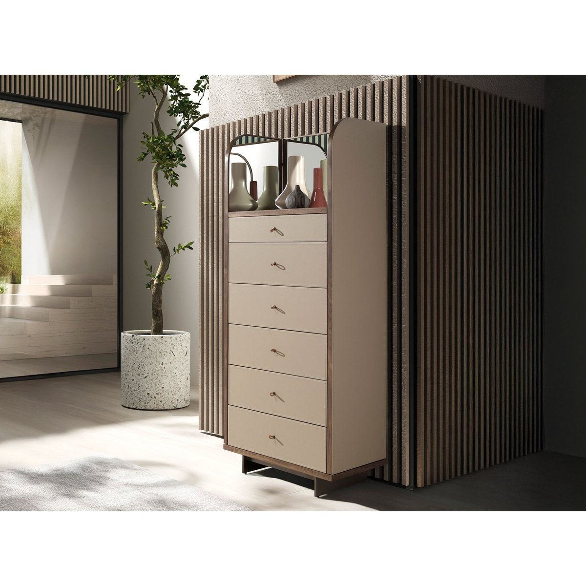Commode en similicuir, noyer et acier poli avec miroir vison | noyer | acier, ANGEL CERDA