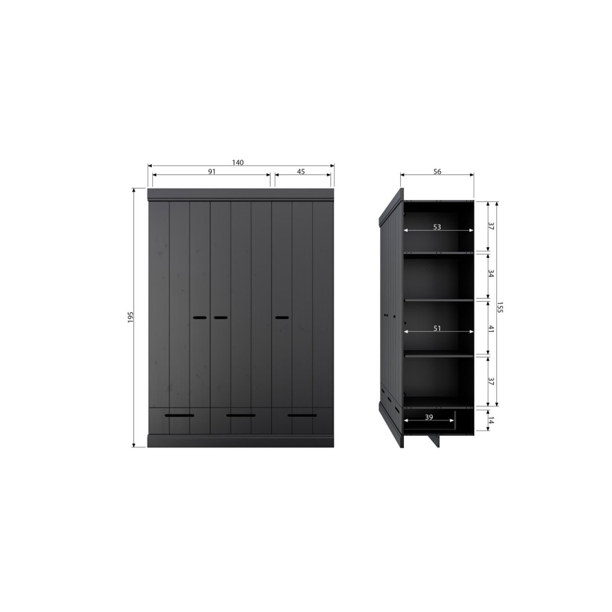 Armoire 3 portes avec tiroir en pin CONNECT noir, WOOOD