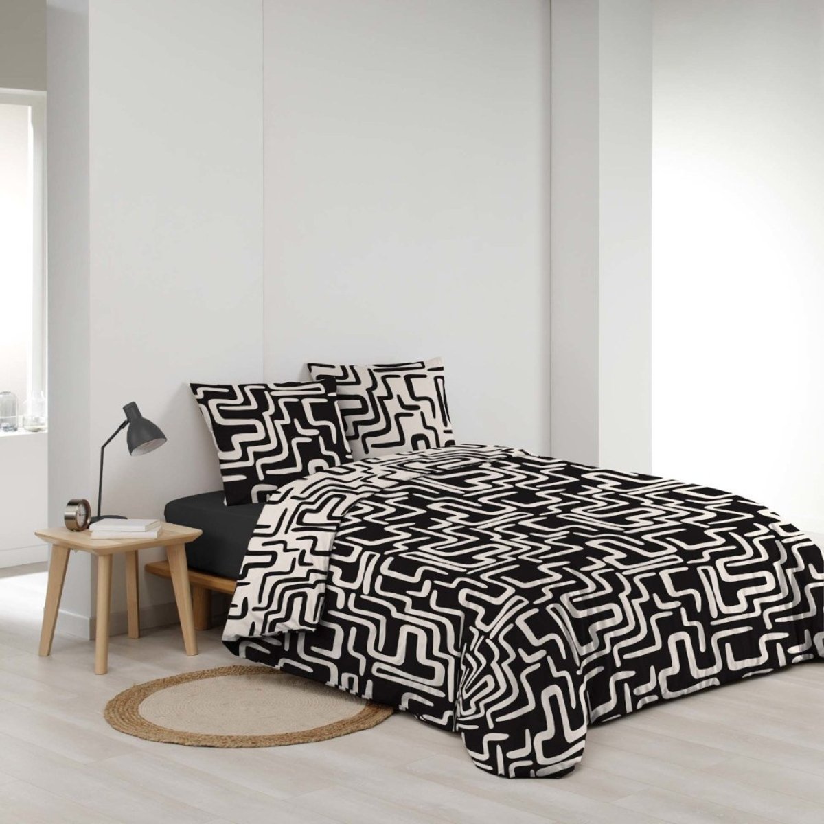 Housse de couette 100% coton finition pression + 2 taies d’oreiller noir, DECORATIE