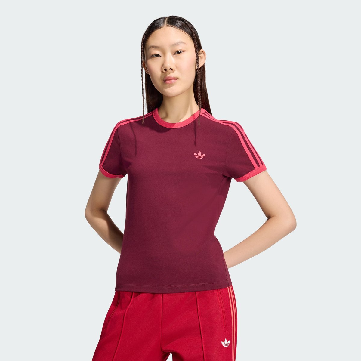 T-Shirt Slim 3 Stripes T-Shirt Slim 3 Stripes maroon / power pink, adidas Originals