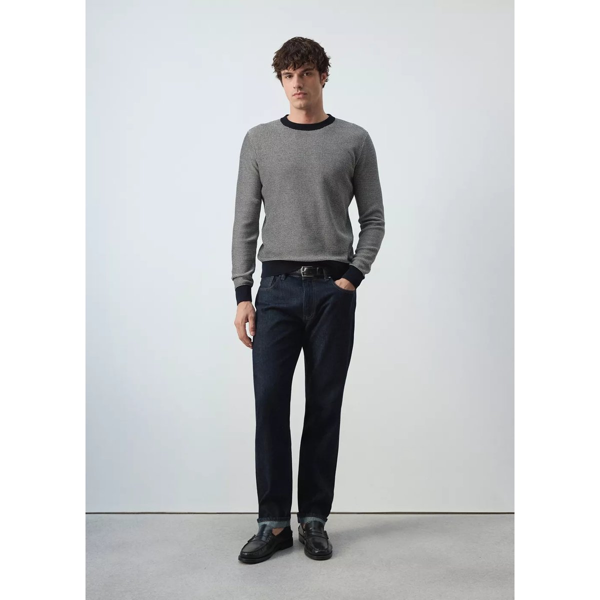 Pull-over 100 % coton maille fine bleu marine, MANGO MAN