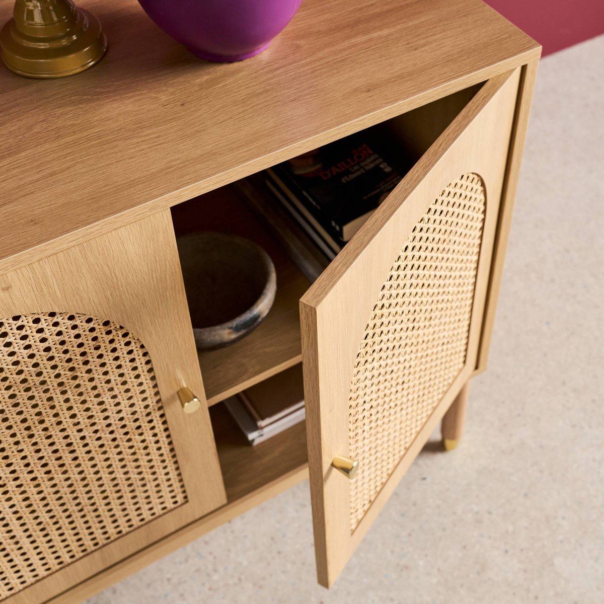 Buffet décor bois et cannage 3 portes 120cm JUDITH naturel, SWEEEK