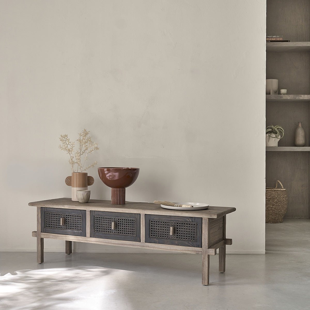 Meuble TV en bois recyclé massif 145 cm JUNKO gris, BERAH GETAH