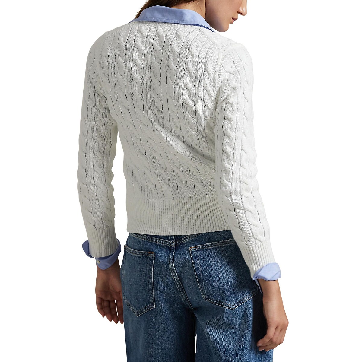 Cardigan à col rond et à manches longues, en maille torsadée blanc, POLO RALPH LAUREN