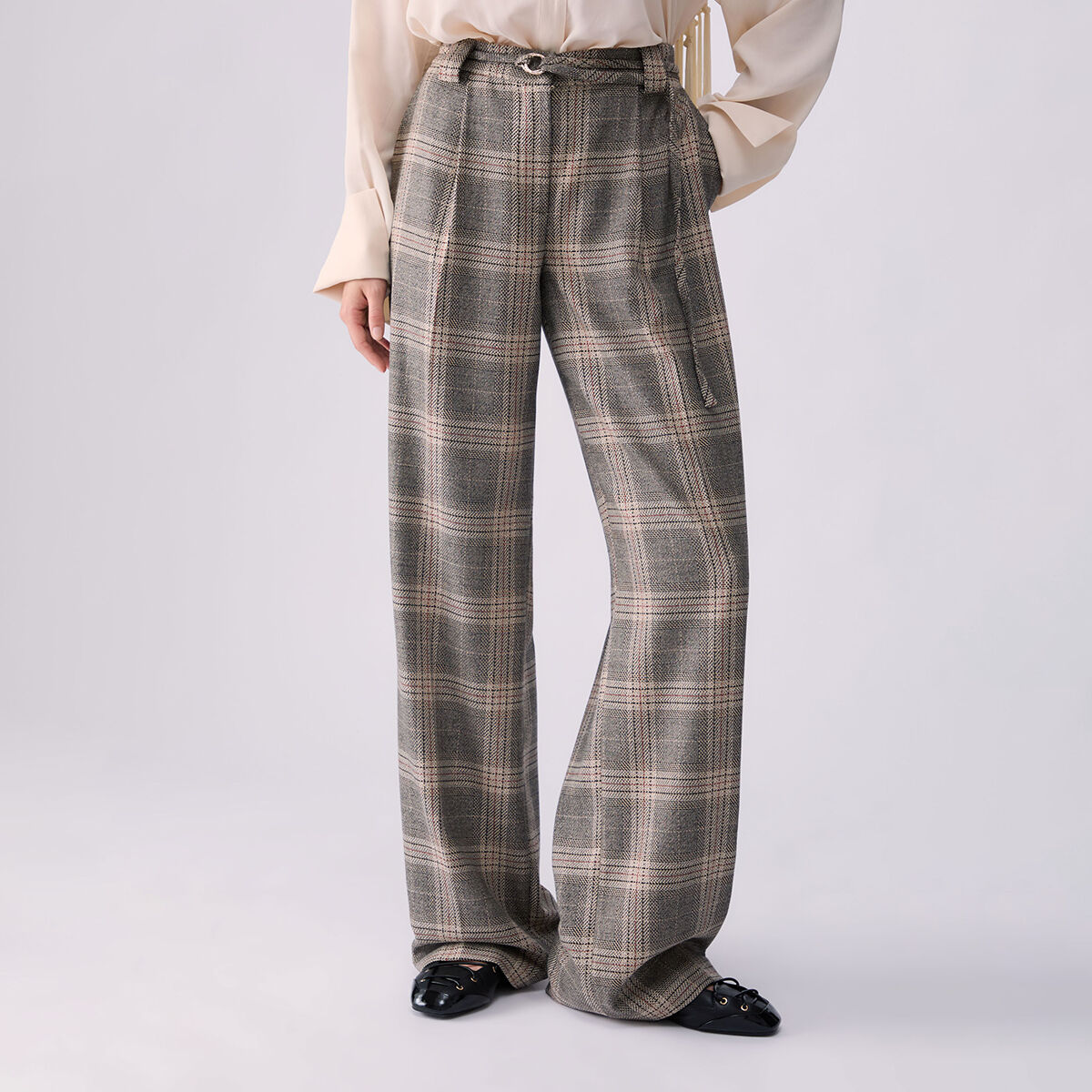 Pantalon palazzo avec ceinture carreaux beiges, LIU JO