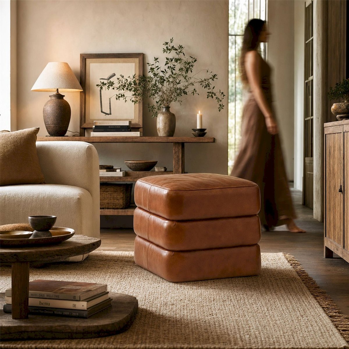 Pouf carré en cuir camel, RECOLLECTION