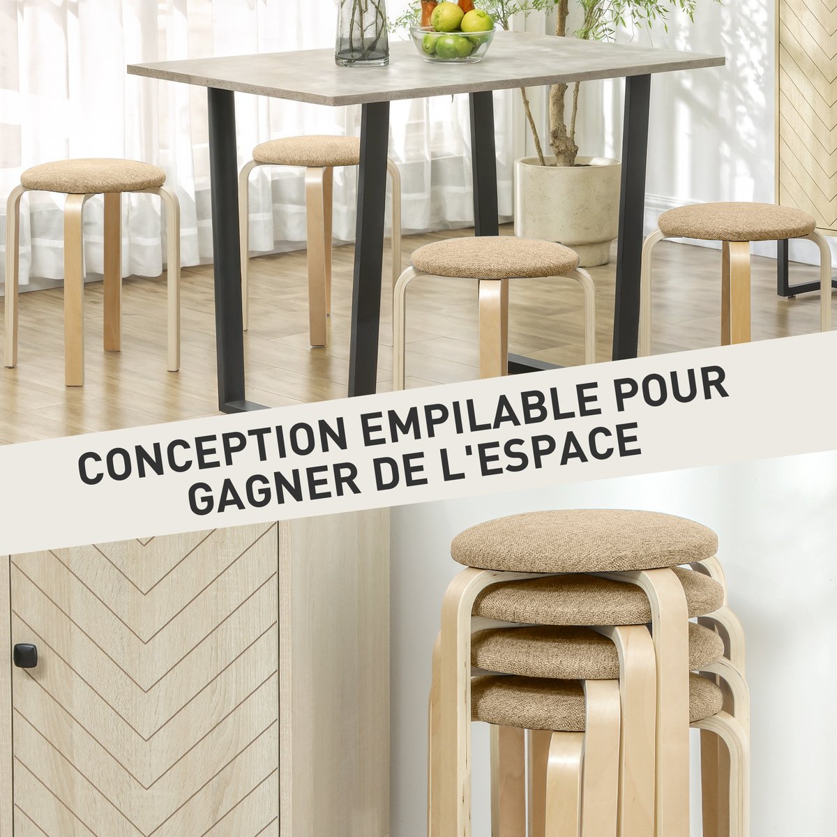 Tabouret Bois Kaki kaki, effet bois naturel, HOMCOM