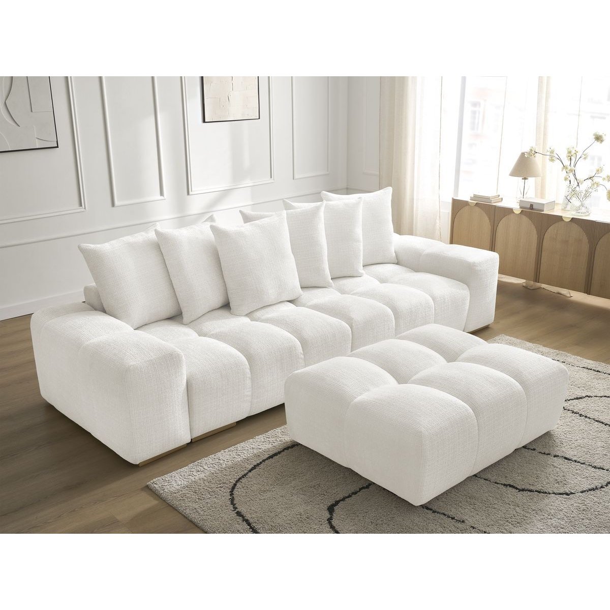 Canapé droit fixe 3 places en tissu texturé avec pouf, ANAKIN blanc, BOBOCHIC