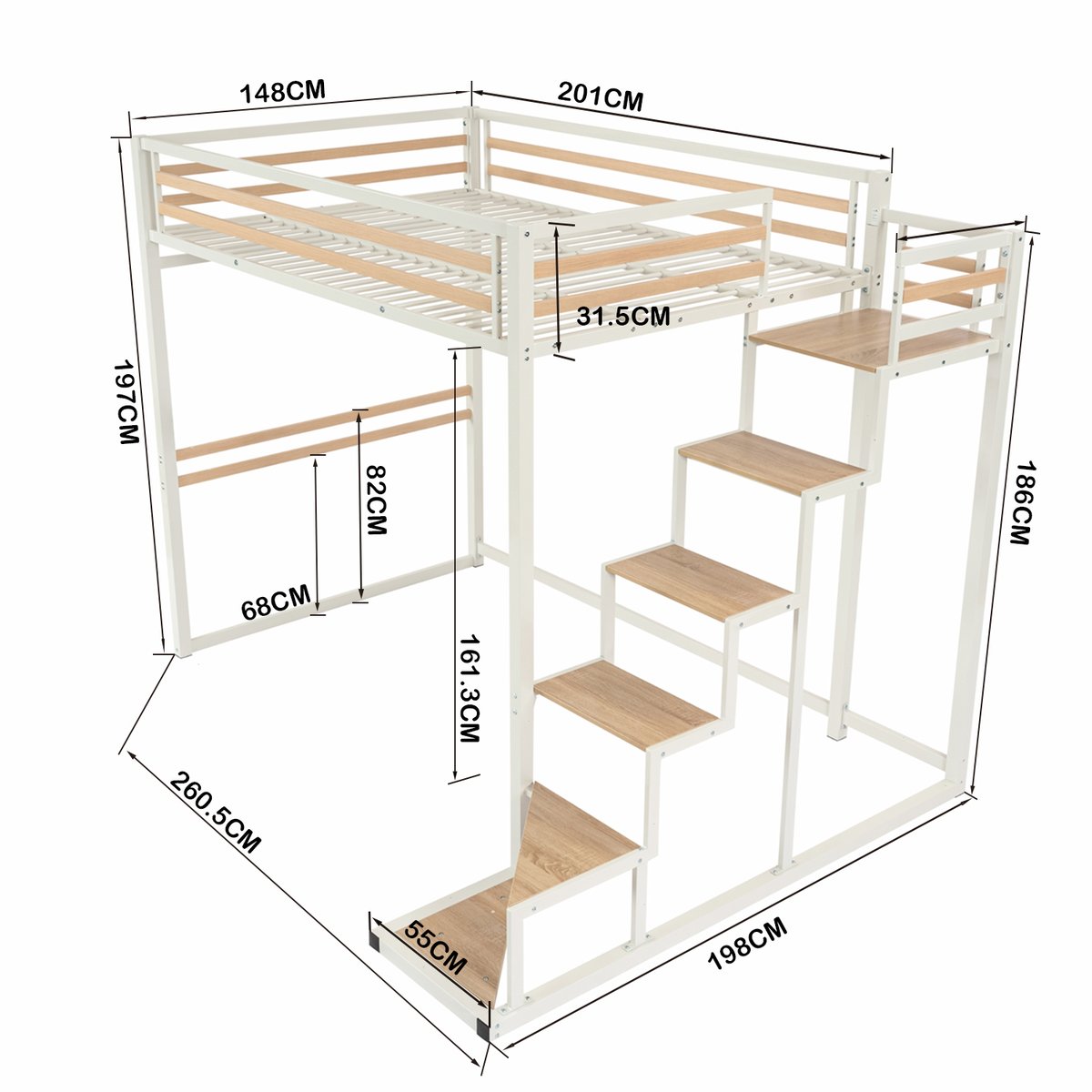Lit mezzanine Lits superposes en métal sans matelas, UP blanc, MEUBLES COSY