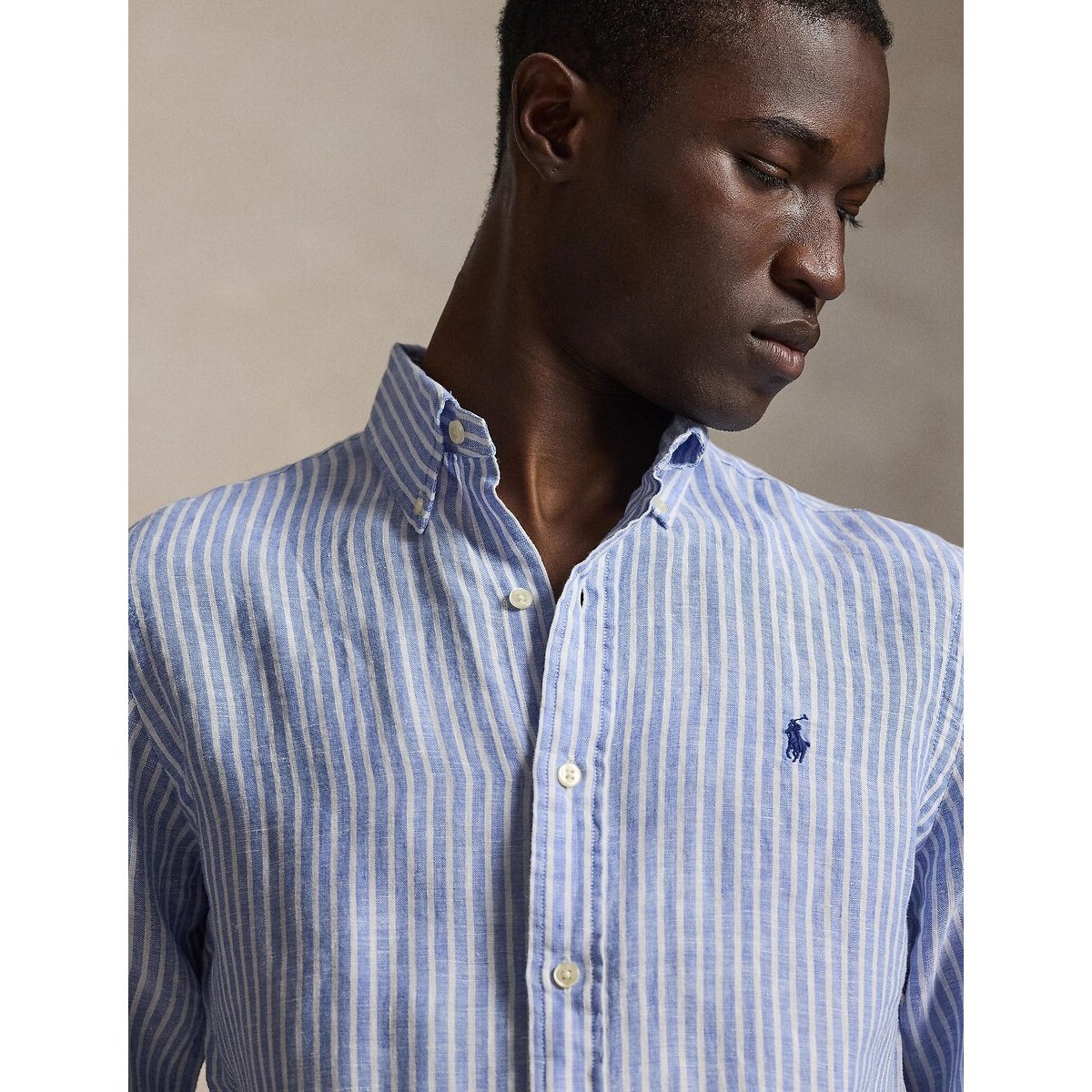 Camicia a righe Custom Fit in lino blu/bianco, POLO RALPH LAUREN
