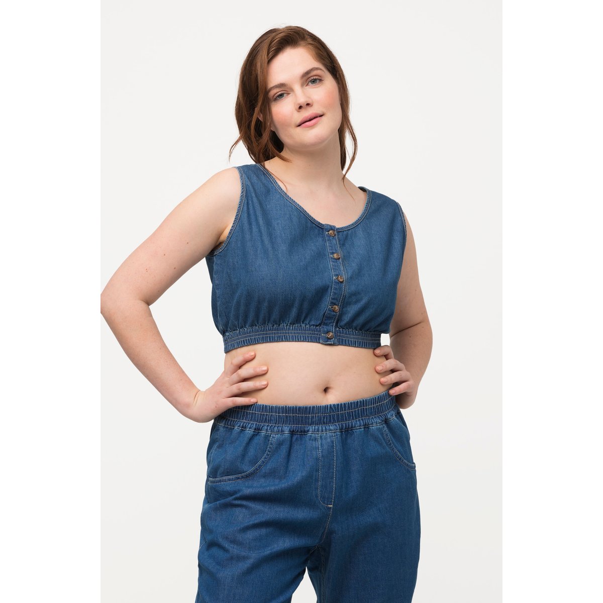 Bustier en coton bio, aspect jean. Col rond. bleu jean, ULLA POPKEN