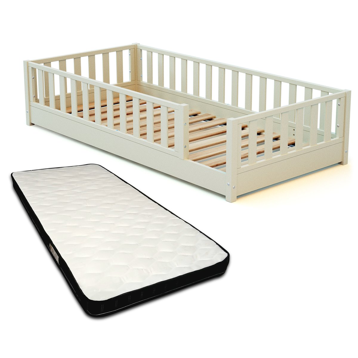 Lit au sol enfant en bois 90x190 SONHO avec matelas blanc, JURABABY