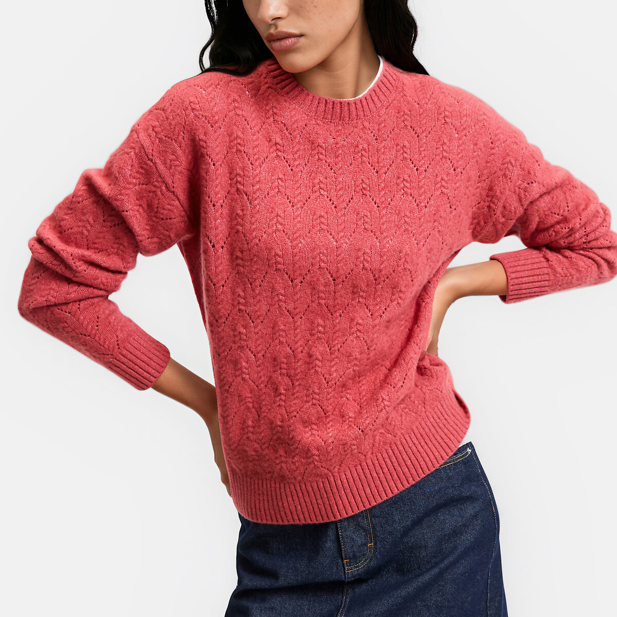 Openwork Cable Knit Crew Neck Jumper pink, LA REDOUTE COLLECTIONS