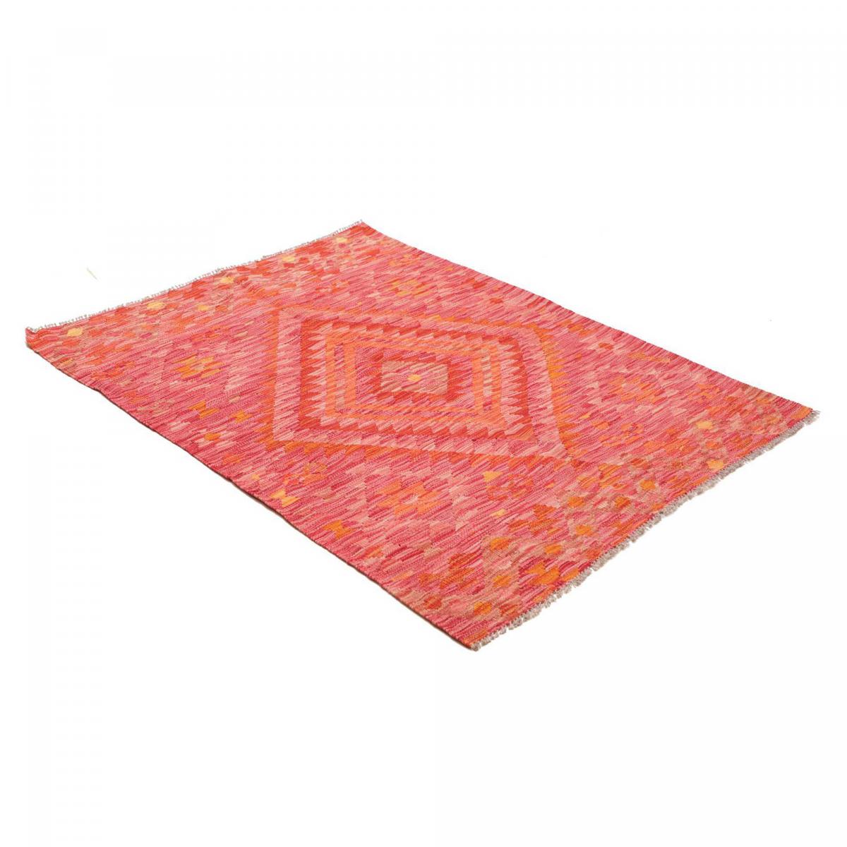 Tapis kilim géométrique, tissé plat en laine, KILIM 39 rouge, orange, rose, UN AMOUR DE TAPIS