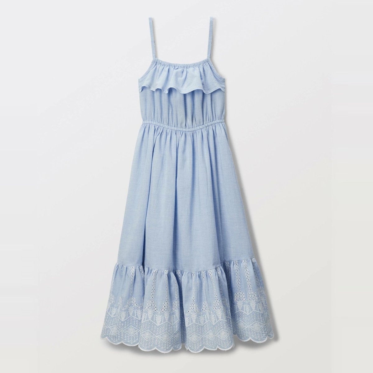 Robe longue à bretelles brodée en coton bleach denim, MONOPRIX