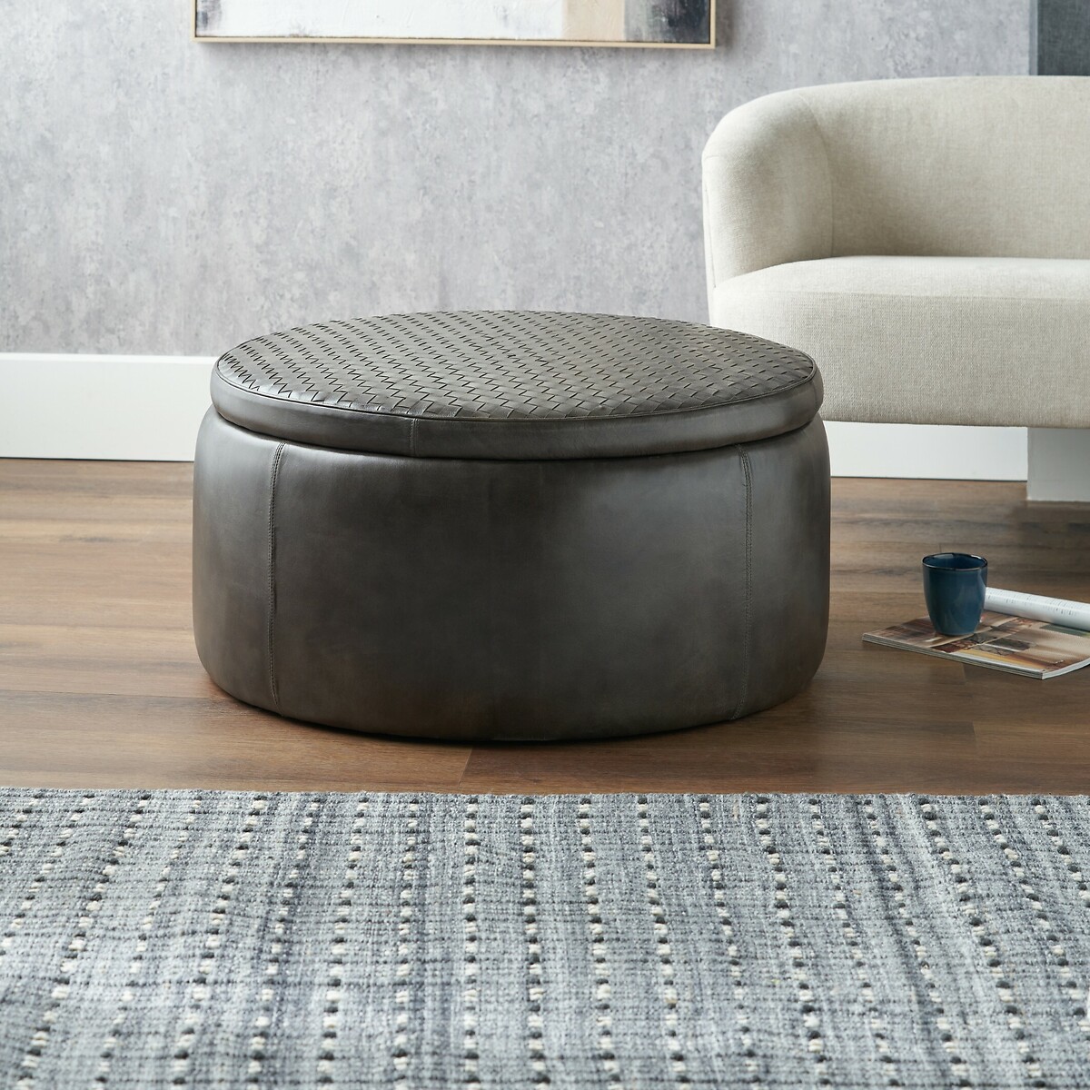 Aramis Round Woven Leather Storage Pouffe brown leather, ÉDITÉ