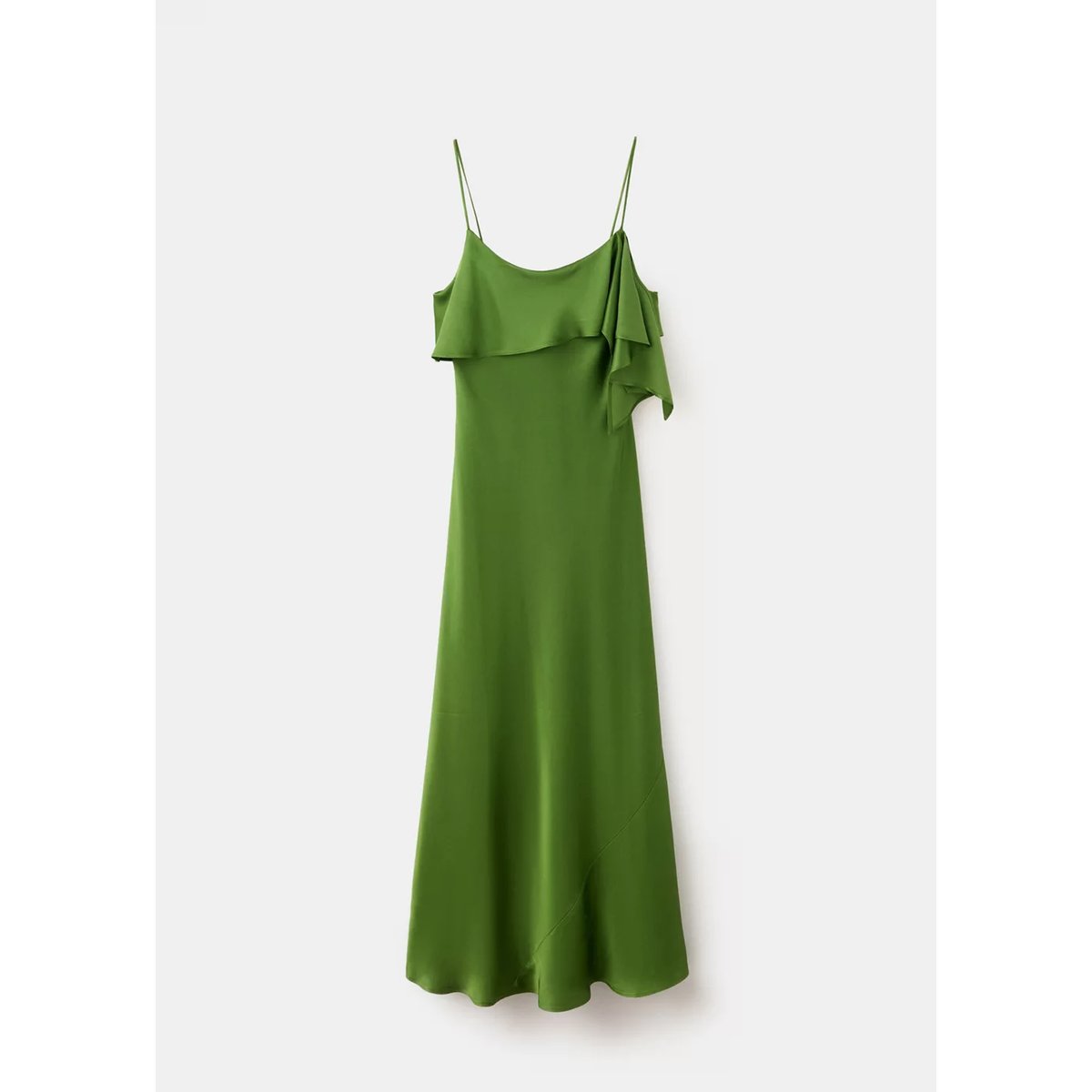 Robe satinée à volant asymétrique vert, MANGO