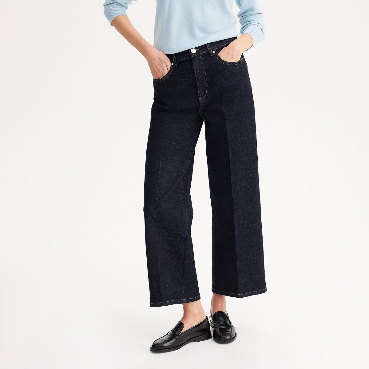 Jean large raccourci, en coton stretch bleu brut, ANNE WEYBURN